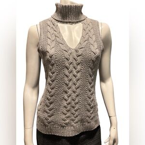 Intermix Wool Cashmere Cable Knit Cut Out Turtleneck Sweater Vest Gray Size S
